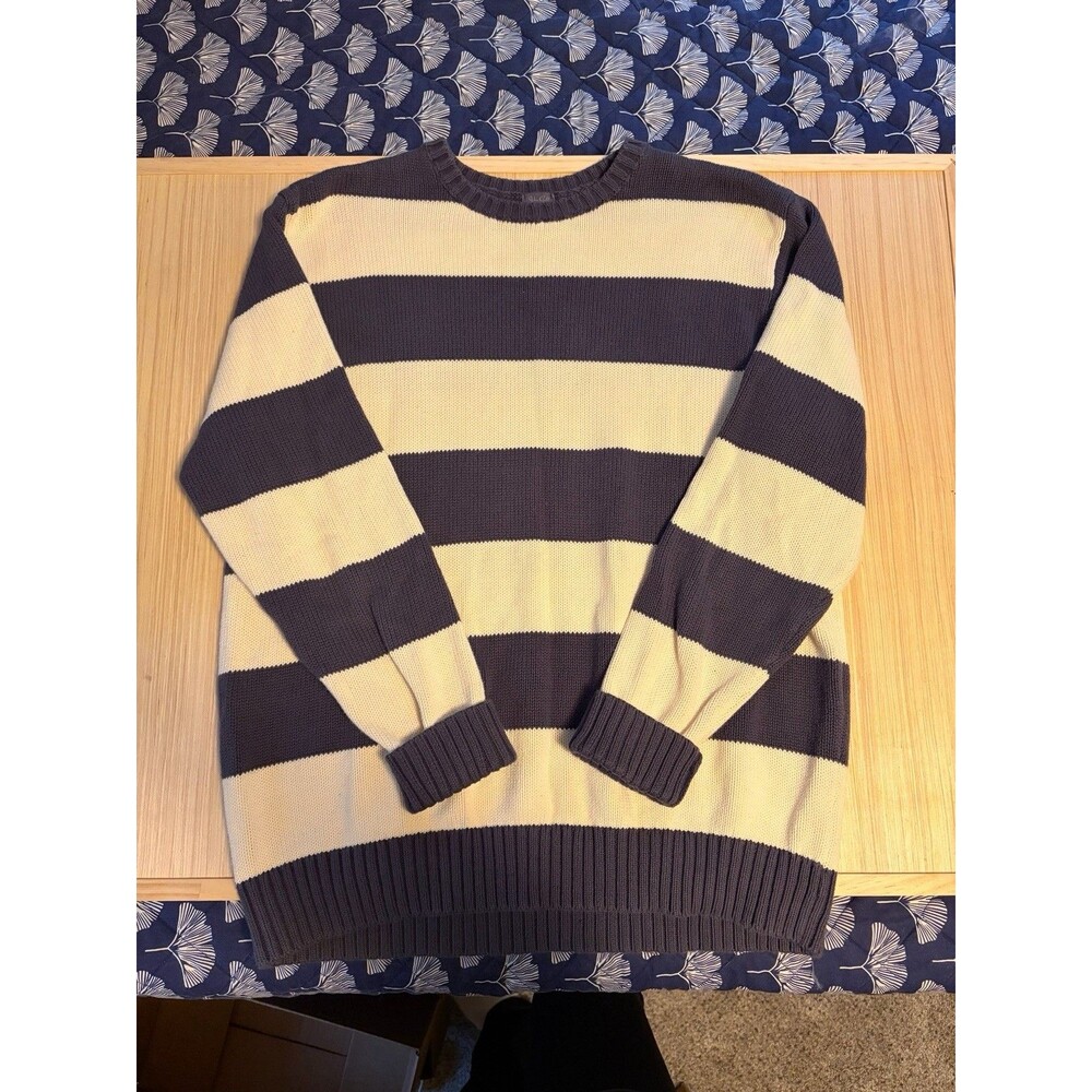 John Galt Striped Knit Sweater Women’s XL Oversized Cream Navy Pullover Crewneck - Picture 4 of 7